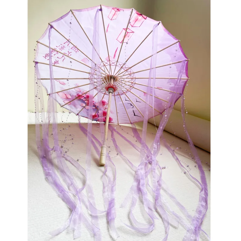 Women Beach Umbrella Tassel Hanfu Umbrella Vintage Oil Paper Umbrella Rainproof Ribbon Umbrella Chinese Handheld Cosplay