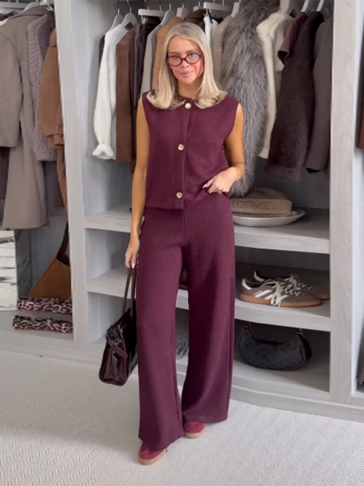 Frauen 2-teiliges gestricktes ärmelloses Hosen-Set, elegantes O-Ausschnitt-Knopf-Weste-Top, hohe Taille, weites Bein, Hose, Sommer-Damenanzug