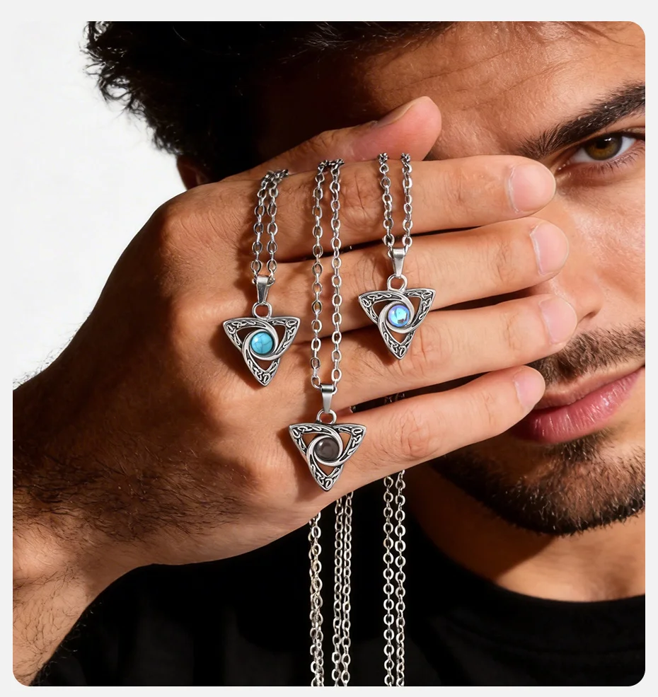 Vnox Türkis-Stein-Halsketten mit keltischem Knoten-Anhänger für Männer und Frauen, Edelstahl, silberfarben, 50 cm, 60 cm, O-Kette, Schmuck, Geschenke – Detail 2