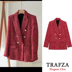 TRAFZA-Women Elegant Red Blazer Lapel Pocket Button Textured Double-breasted Blazer New 2024 Autumn Fashion Date Dinner Blazer