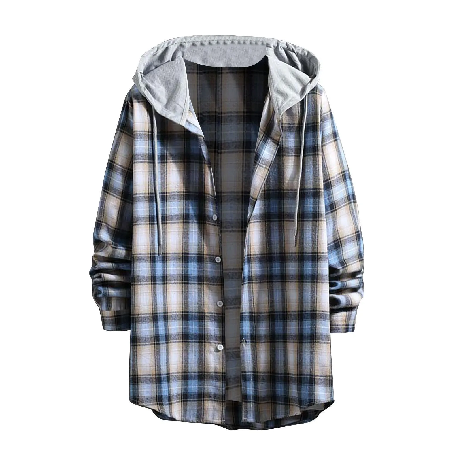 Men Autumn And Winter Casual Plaid Print Shirt Long Sleeve Hooded Grandfather Shirt Flannel Shirt Men Mens Long Sleeve T Shirts