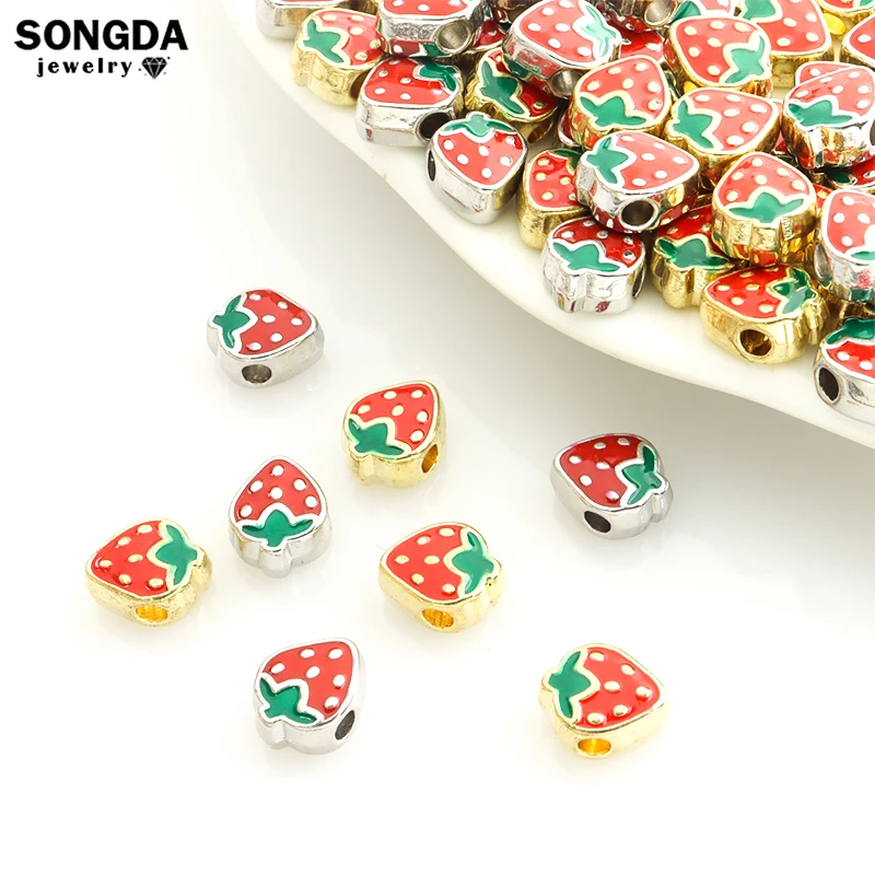 

10pcs Red Sweet Strawberry Enamel Spacer Beads Cute Fruit Big Hole Alloy Beads Jewelry DIY Bracelets Necklace For Childrens Girl