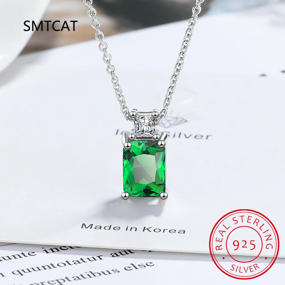 Emerald Cut Created Sapphire Ruby Simulated Nano Green Emerald 925 Sterling Silver Square Gemstone Pendant Necklace for Women