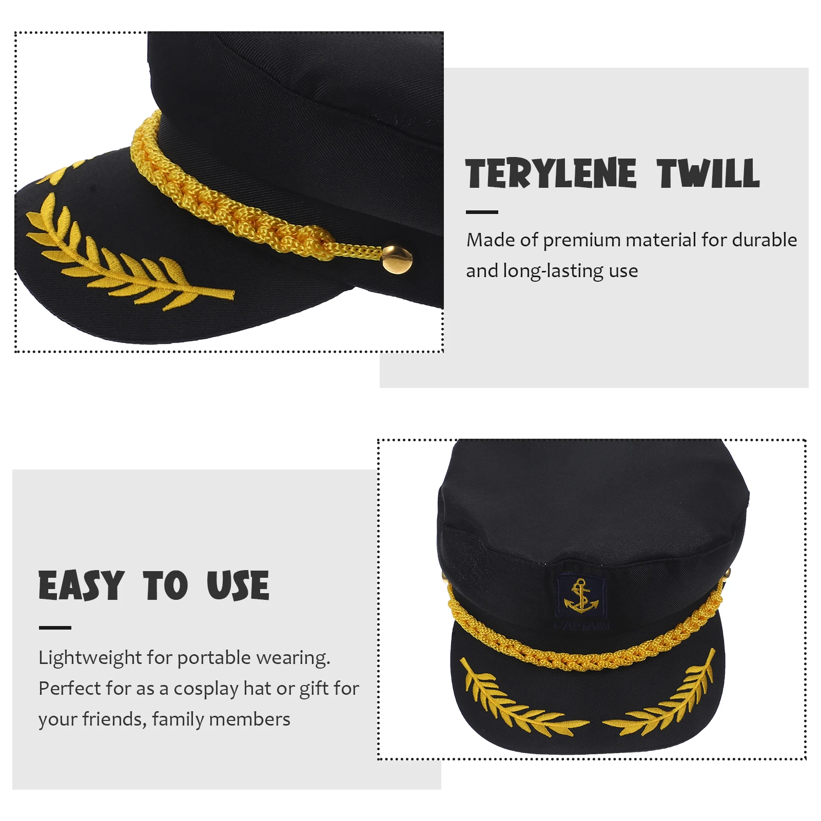 

1Pcs Captain Hat Black Navy Embroidered Sailor Cosplay Adult Ship Hat Lightweight Durable for Daily Wear Gift Navy
