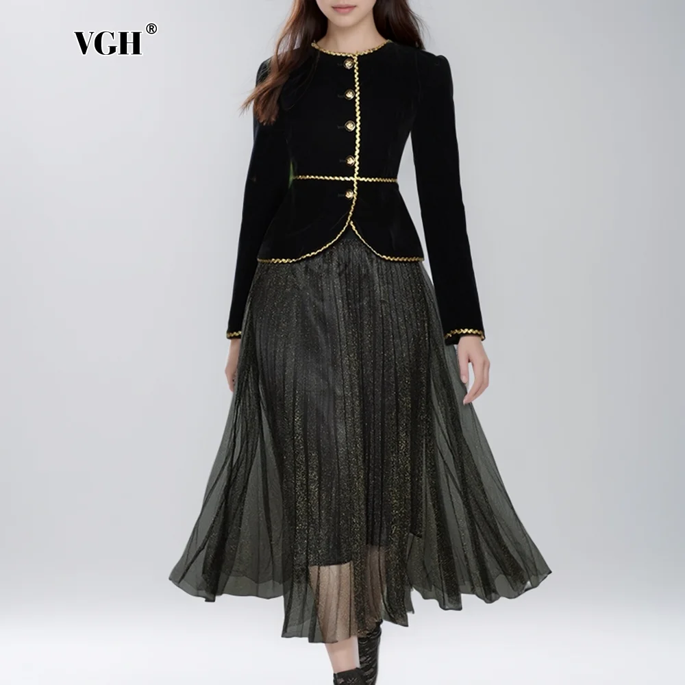 

VGH Minimalist Two Piece Sets For Women Round Neck Long Sleeve Spliced Button Tops High Waist Long Skirt Casual Slim Set Female