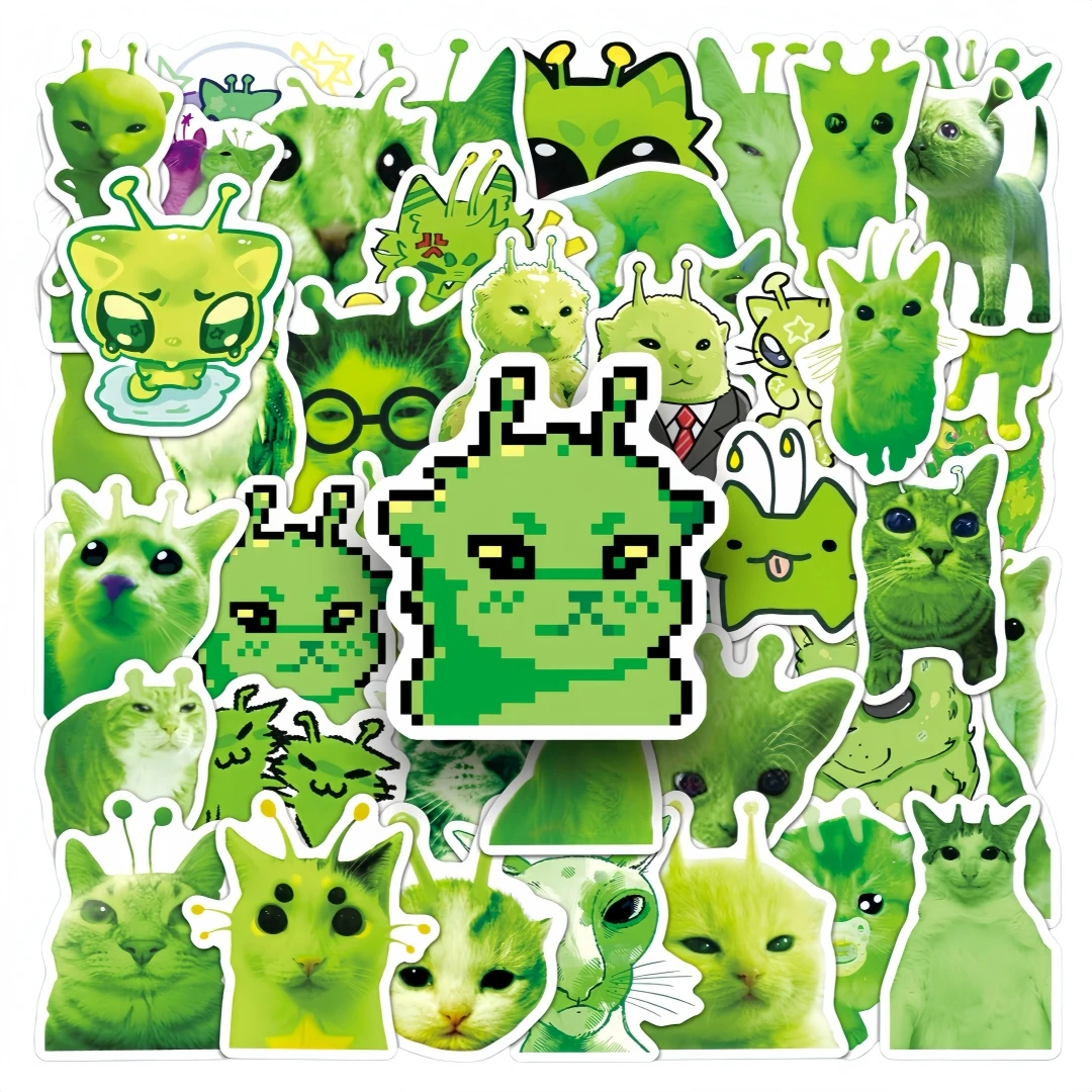 50 Adesivos Engraçados de Gato Alienígena Verde para Celular, Laptop, Mala, Caderno, Skate e Outros - Adesivos de Gato Alienígena Zip Zap