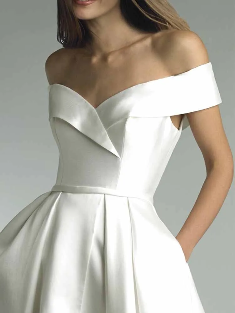 

Простые женские платья, тренд 2025, атласные гражданские свадебные платья трапециевидной формы, белые свадебные платья с открытыми плечами и рюшами, женские свадебные платья