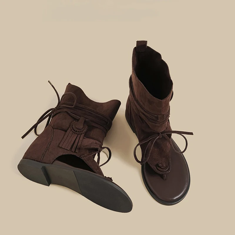New Women Gladiator Fringe Ankle Sandals Boots Suede Open Toe Lace Up Flat Bohemian Casual Summer Thong Sandals Shoes For Ladies image 3