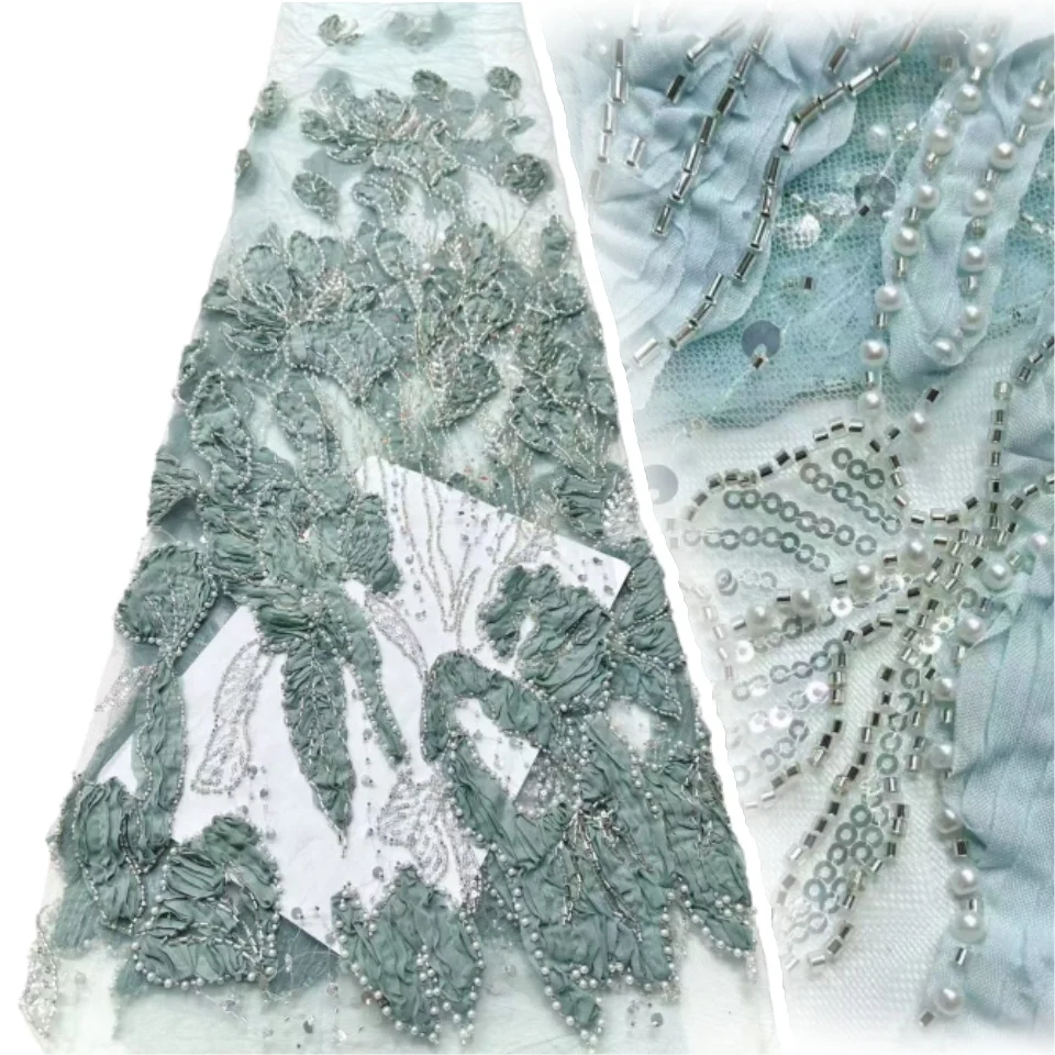 

2026 Newest Nigerian 3D Bridal Lace Fabric Luxury African Beaded Sequined Mesh Lace Suitable for Wedding Dresses 5 Yards 1895