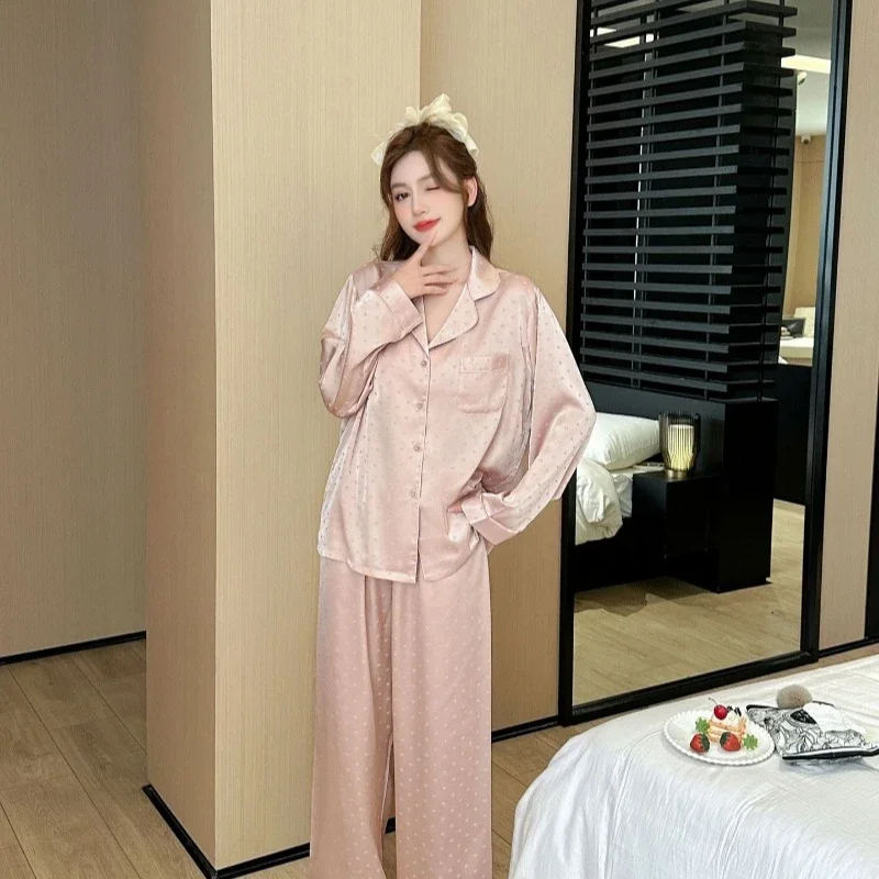 High Quality Pajamas Suit Women Spring Autumn Ice Silk Jacquard Long Sleeve Sleepwear Suit Large Size Female Thin Loungewear