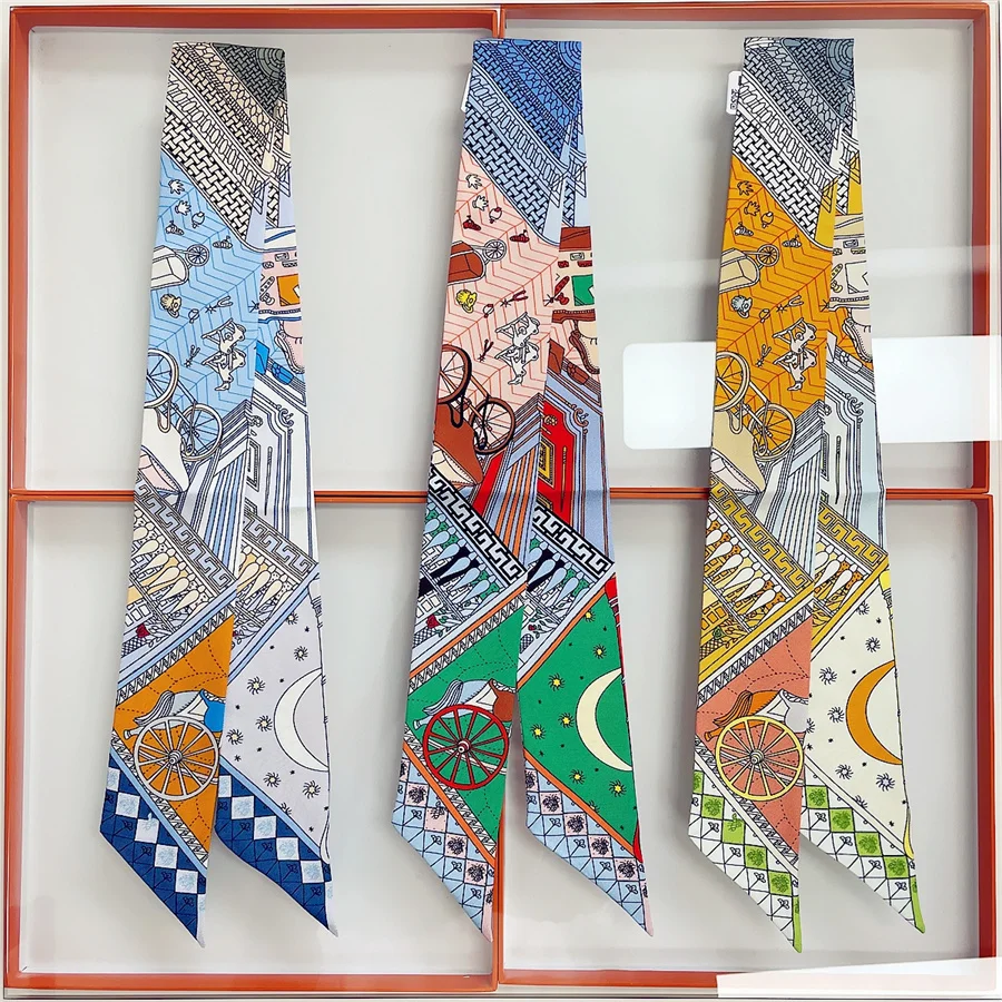 2024 New Double Sided 100% Natural Silk Scarf Brand Ribbon Skinny Long Narrow Neckerchief Handbag Handle Necktie Hair Head Band