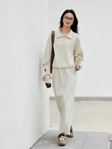 VIMLY Apricot Sweatshirt Skirt Sets Women 2025 Autumn Long Sleeve Top Straight Maxi Skirt Two piece Set Female Clothing A0133