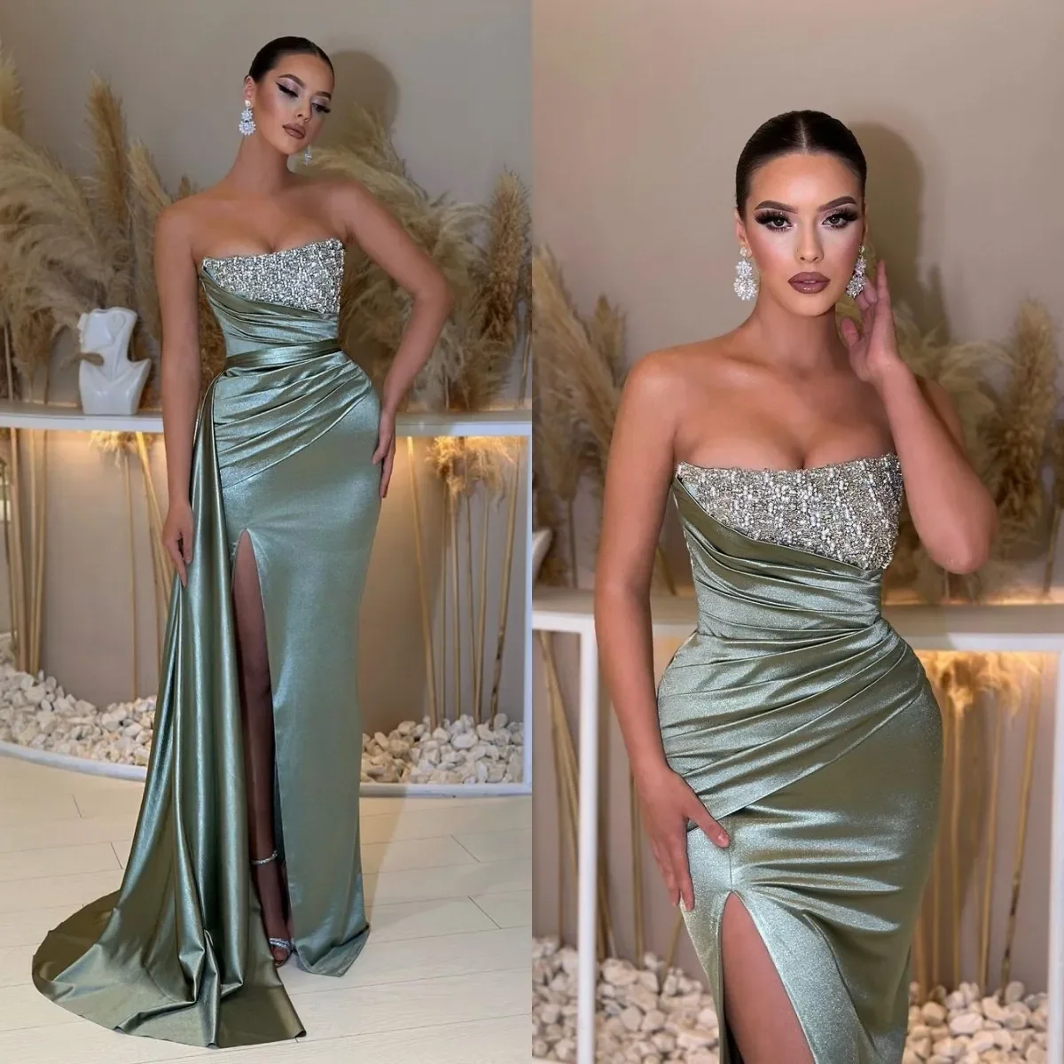 Customized Elegant Green Prom Dresses Strapless Party Evening Dress Pleats Thigh Slit Formal Long Special Occasion Dress