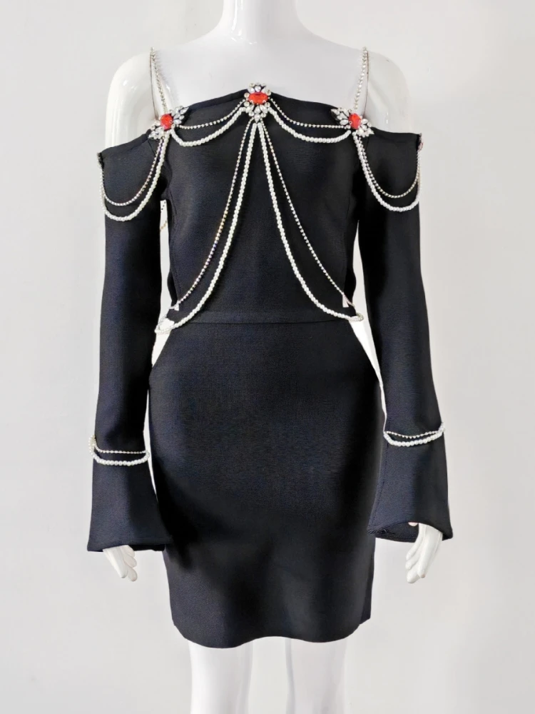 مثير قبالة الكتف الماس سلسلة البسيطة ضمادة فستان المرأة السوداء طويلة الأكمام الجوف خارج Bodycon فساتين السهرة رداء حفلات