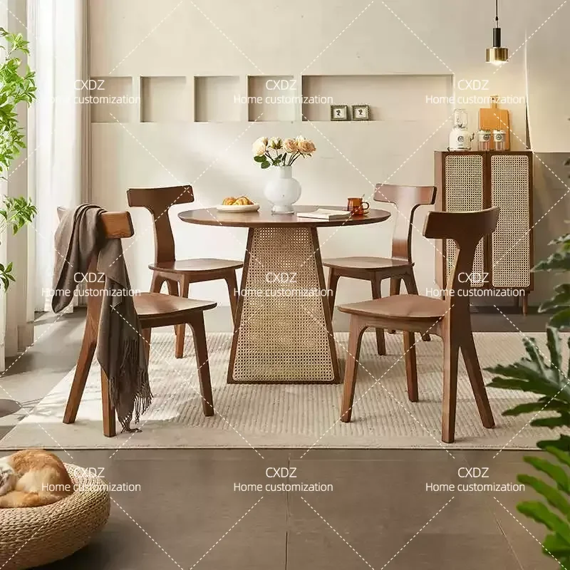 Solid Wood Rattan Dining Table Chair Set Nordic Japanese Round Table Home Restaurant Hotel Furniture
