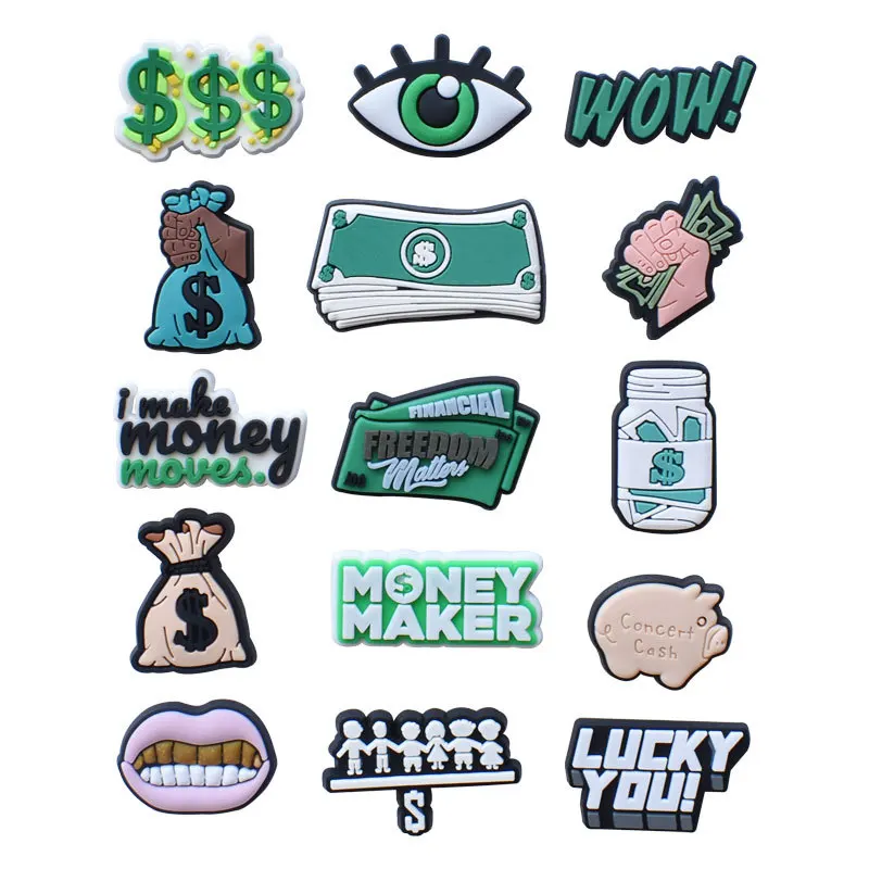 Money Wealth Theme Hole Shoe Charms Soft PVC Removable Clog Shoe Buckles, Cartoon Cash DIY Sandal Decor Teen Hip Hop Trend Gift