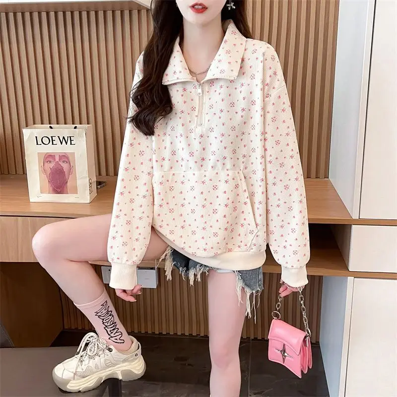 Small Fresh Floral Polo Collar Half Zipper Thin Sweatshirt Women Trendy Waffle Top