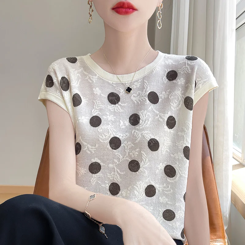 2024 Summer New Joker Western Style Polka Dot Loose Top Women\'s Short Sleeve Thin Casual Breathable Comfortable Shirt