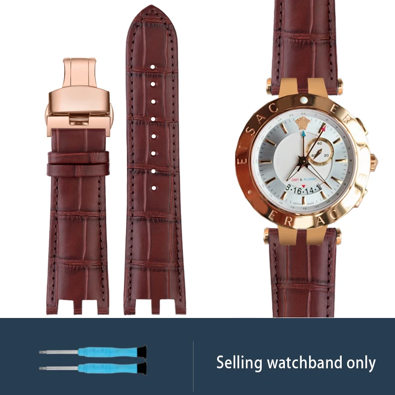 Pulseira de relógio para versace v-racechrono series gmt, interface convexa dupla, pulseira de couro de bezerro, acessórios de relógio, pulseira de 24mm