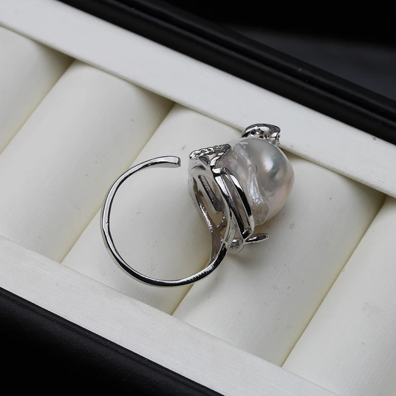 Real Freshwater Natural Baroque Large Pearl Ring,Wedding Adjustable Pearl Ring Sterling Silver White Wife Mother Birthday Gifts