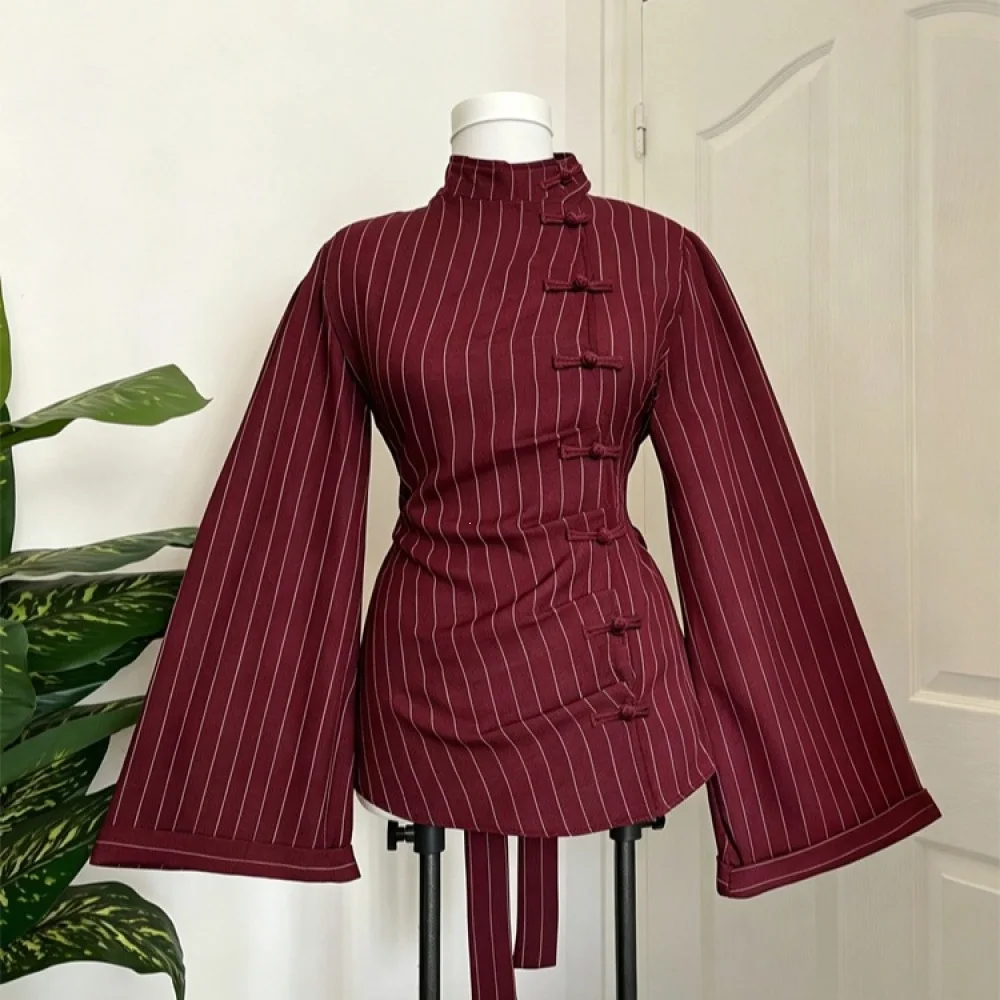 New Chinese Style Blouse Mandarin Collar Frog Buttons Vertical Stripe Flare Long Sleeve Slim Waist Tie Oriental Dark Goth Shirt