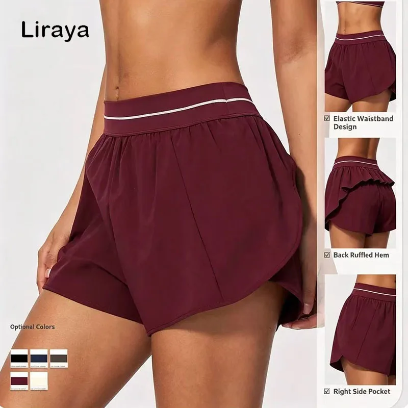 Women Ruffled Sports Shorts Elastic High Waist Yoga Running Shorts With Zipper Pocket Quick Dry Workout Athletic Shorts
