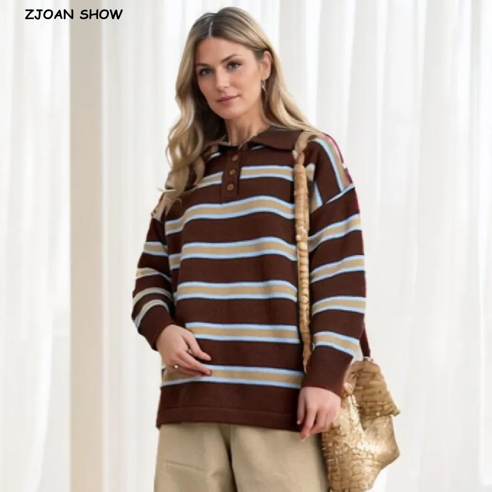 

2025 Autumn Buttons Polo Collar Horizontal Stripes Knitted Sweater Women Long Sleeve Loose Pullover Knitwear Oversized Jumper