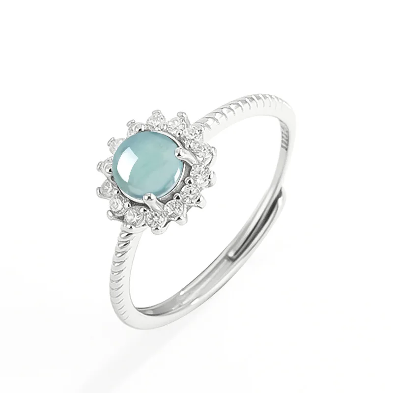 

S925 Silver Inlaid Natural A-grade Jade Blue Water Ring Ice Jadeite Fashionable Jewelry Women's Gifts Adjustable Drop Shipping