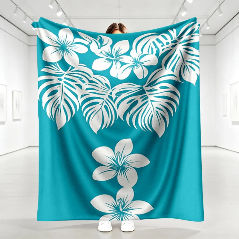Hawaiian Tropical Frangipani Palm Leaf Fleece Blanket, Cyan Base White Plant Silhouette Cozy Throw for Camping Balcony Daily Use