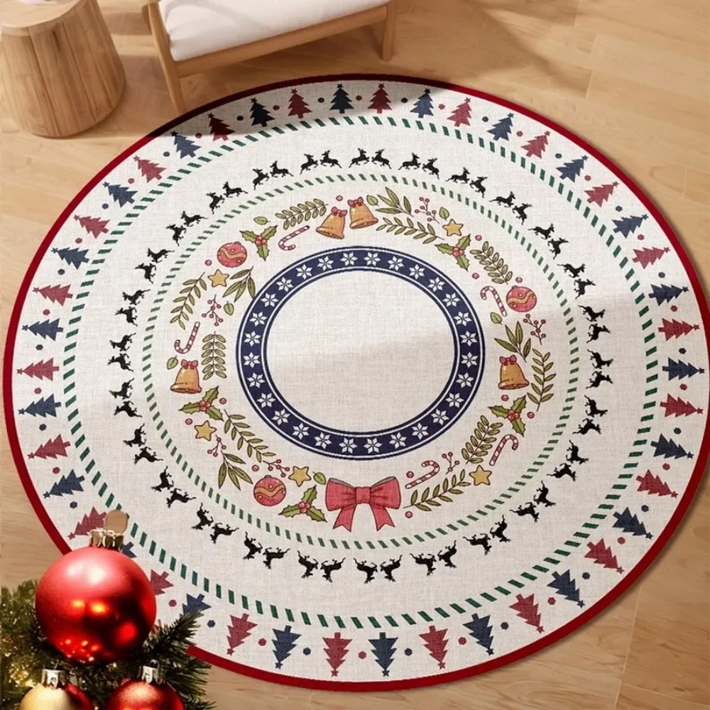 Festive Christmas Round Rug with Reindeer & Tree Pattern – Holiday Living Room Decor, Non-Slip Floor Mat for Seasonal Home