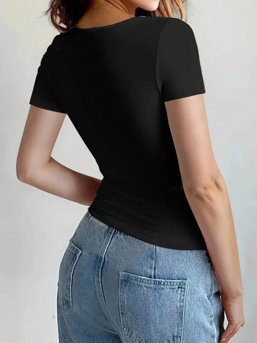 Womens Basic T-Shirts Scoop Neck Short Sleeve Crop Tops Cute Summer Tops Slim Fit Tees Y2k Clothing 2025