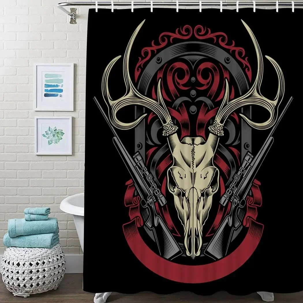 Gothic Occult Black Cat Vintage Hunt Deer Skull Rifle Funny Shower Curtain Satanic Pentagram Death Durable Fabric With Hooks