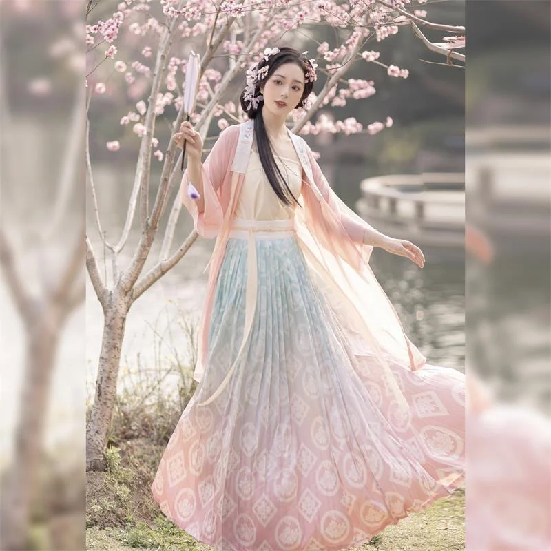 China Traditional Antique Hanfu Collar Shirt Half Sleeve Waist Pleated Skirt Fairy Summer Improved Boudoir Dress Woman