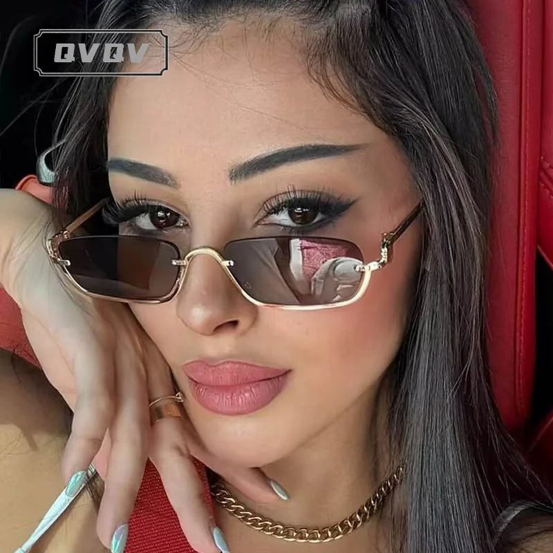 Trendy Metal Half Frame Small Square Sunglasses Streetwear Women Brand Design Rimless Sun Glasses Outdoor Driving Sunnies UV400