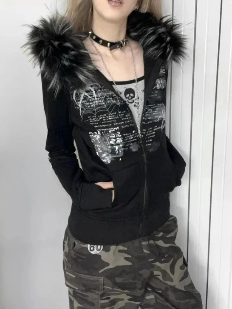 

American Vintage Outwear Zipper Letter Pattern Long Sleeve Grunge Pure Color Fashion Pocket Subculture Faux Fur Hooded Autumn