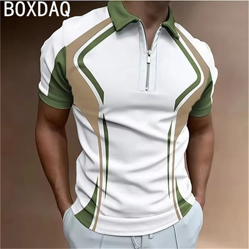 Men Polo Shirt Summer Short Sleeve Lapel With Zipper Golf Sport Polo Shirt Men's Fashion Classics Striped Print Shirt Plus Size