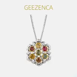 GEEZENCA Natural Tourmaline S925 Silver Zircon Pendant For Women Geometric Chic Necklace Pendants Without Chain 2023 New Gift