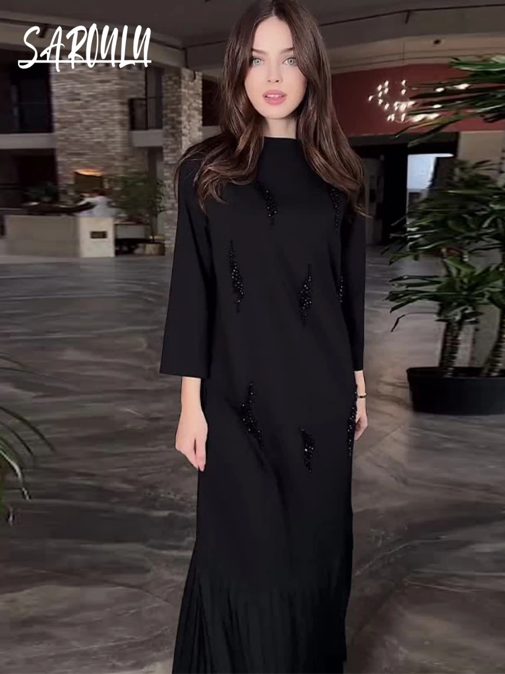 

Black Vintage Beaded Evening Dress, Pleated A Line Popular Party Gown, Classic Wedding Guest Elegant Women Wear, On Sale