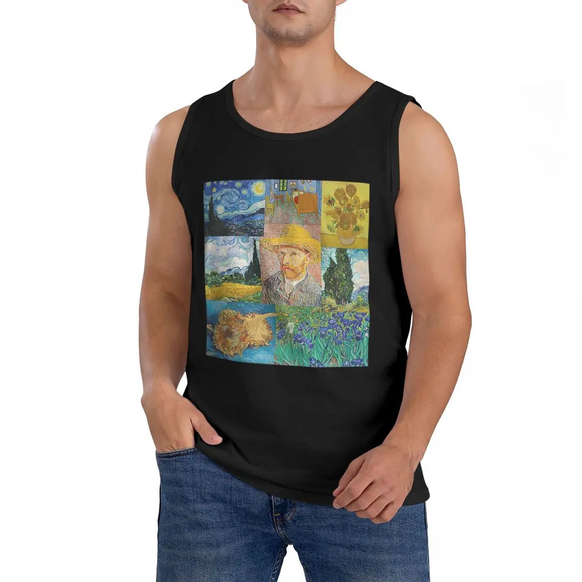 100% Cotton Vincent Van Gogh Paintings Art Collage Sleeveless T-Shirt Men Workout Sports Clothing Tops Men's Crew Neck Vest