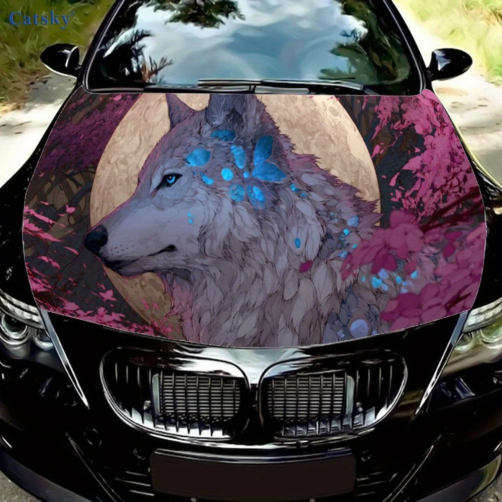 

Blue Wolf, Pink Flowers, and Moon Car Hood Sticker, Personalized & Romantic Auto Art Decal, Self-adhesive Waterproof Car Exterio