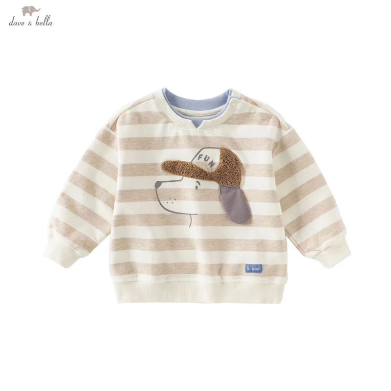 Dave Bella Spring Baby Boy Cotton Sweatshirt Apricot Striped Pullover Girls and Boys Loose Base Tops Children Clothes DB3242158