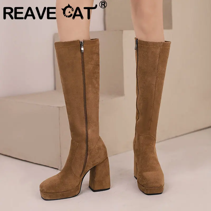 REAVE CAT Women Knee High Boots Flock Suede Round Toe Block Heels 9cm Platform 2cm Slip On 45 46 47 Concise Daily Female Booties