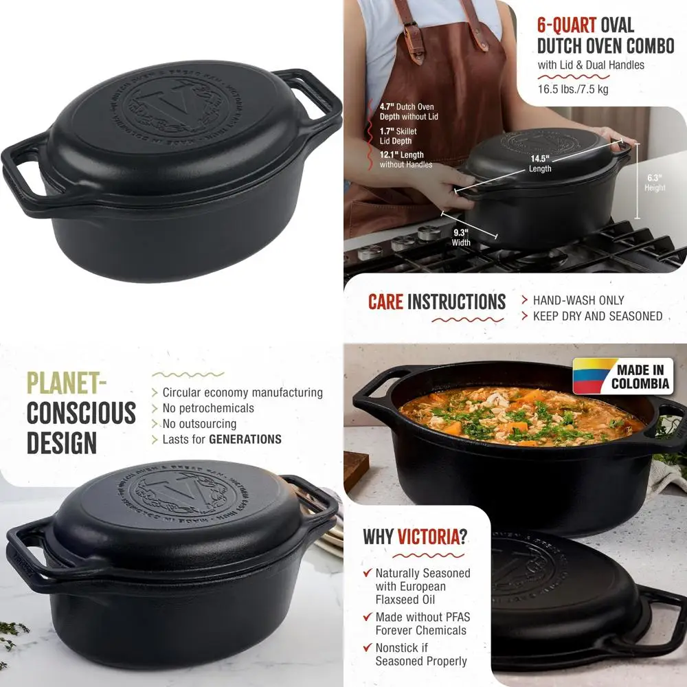 

6-Quart Oval Cast Iron Dutch Oven, 2-in-1 Cooker Pot and Skillet, Bread Baker, Colombian Crafted, 2-Piece Set