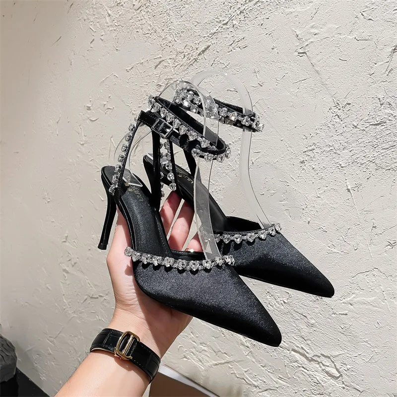 

New Black Pink Rhinestone Elegant High-heel Sandals Spring Summer Pointed Cross Straps Princess Style Banquet Wedding Women Shoe
