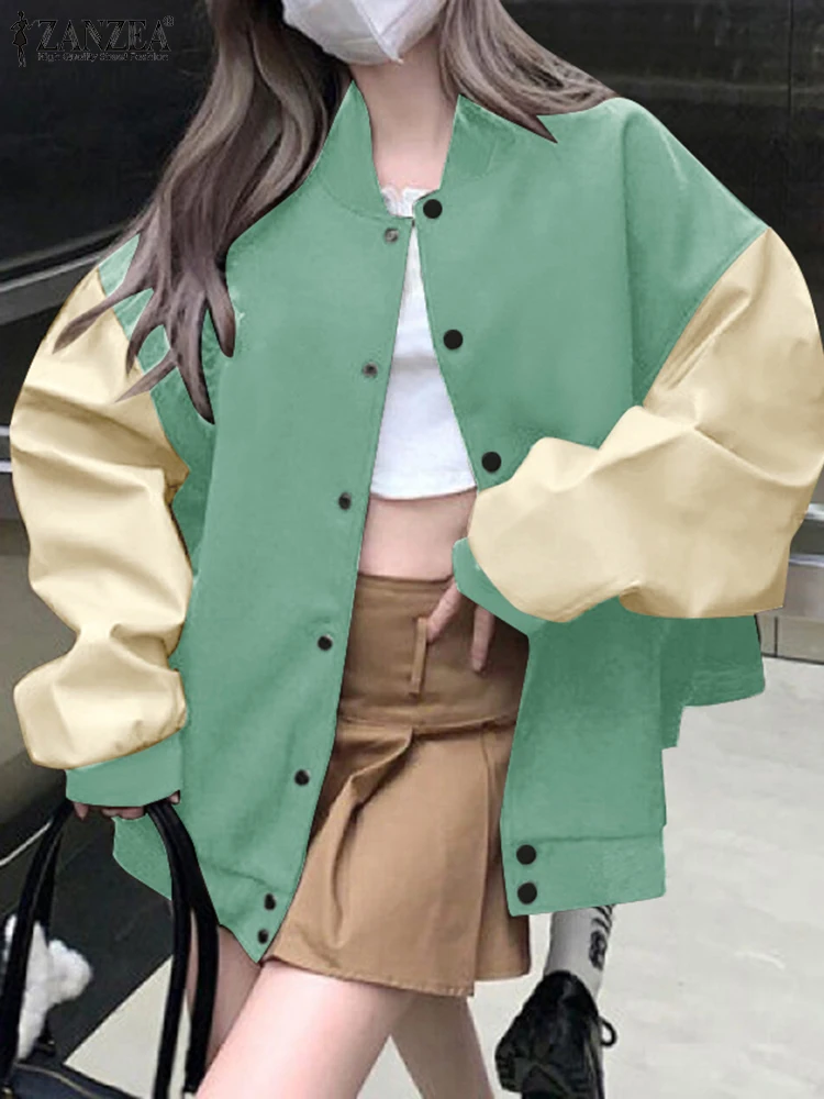 

ZANZEA 2022, осенние женские бейсбольные куртки с заниженными плечами, лоскутная верхняя одежда, повседневные свободные пальто с длинными рукавами в стиле Харадзюку, уличные трендовые свободные пальто