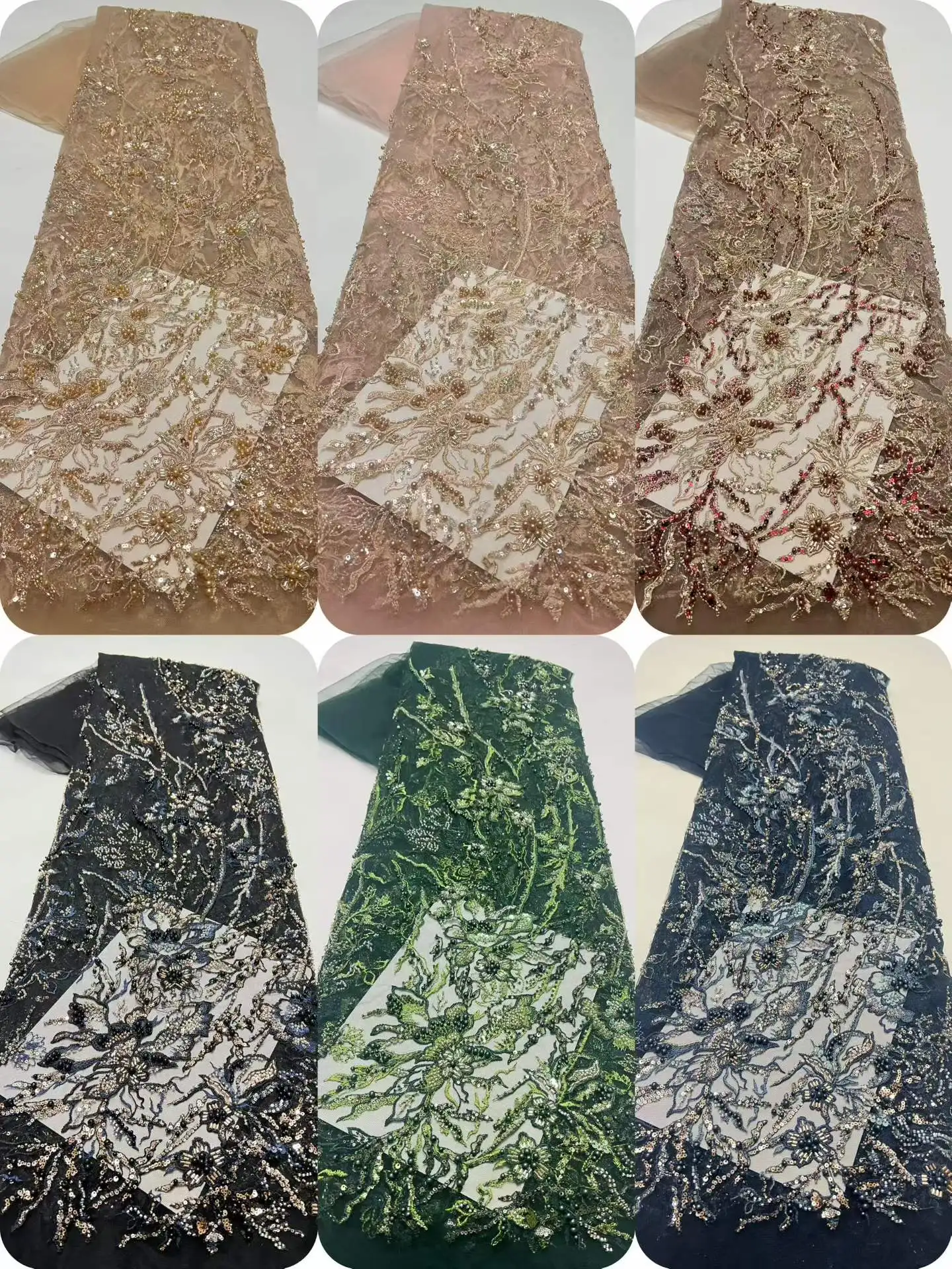 

Luxury Hand Beaded Lace Fabric Bridal Fabric High-end Wedding Fabrics French Nigerian Sequins Beads Embroidered on Tulle 5 Yards