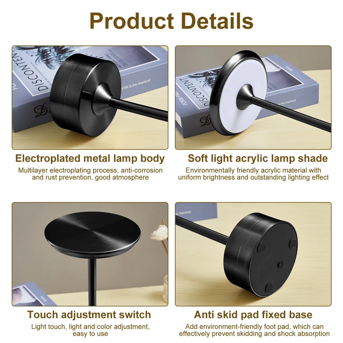 Wireless Table Lamp Touch Sensor Rechargeable Desktop Night Light LED Reading Lamp for Restaurant Hotel Bar Bedroom Decor Light