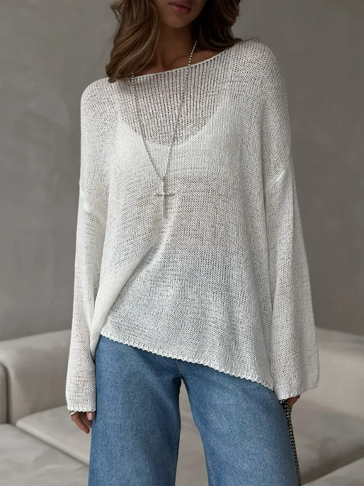 

Elegant Solid Knitted Women Pullovers Spring Summer Long Sleeve Casual Loose Female Sweaters Fashion Hollow Out Basic Tops 2025