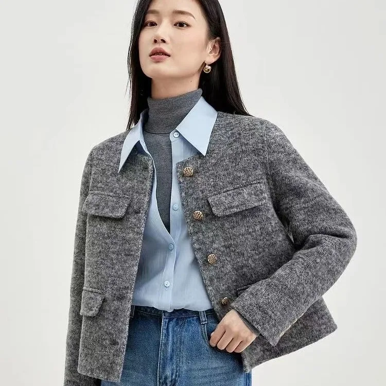 

Short Xiaoxiangfeng jacket for women's 24 senior sense round neck small cashmere double-sided woolen autumn and winter wool coat