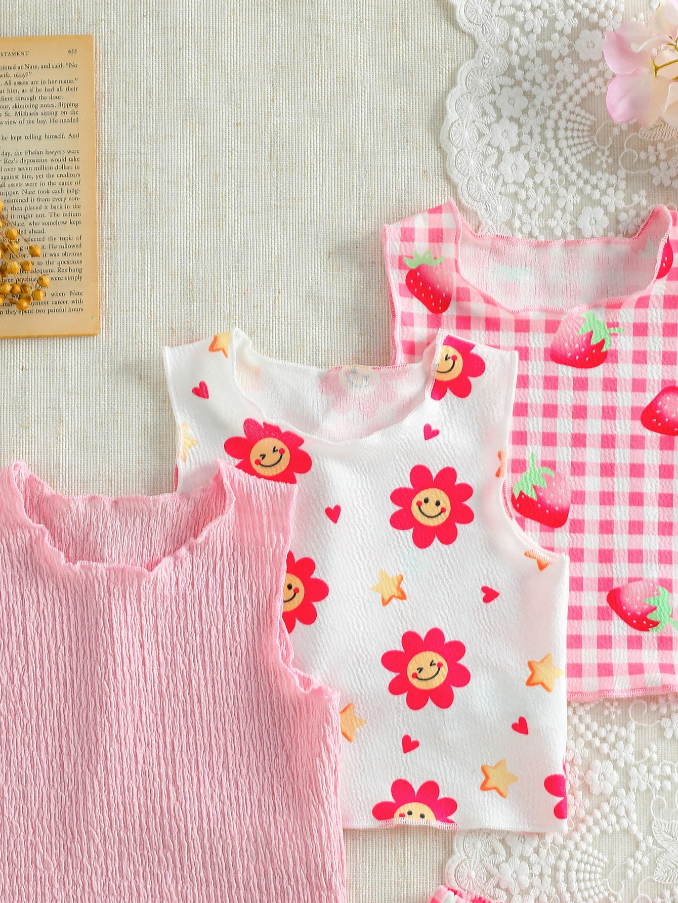 Baby girl 6‑piece tank top & shorts sets, ruffle trim, various prints, casual summer outfit
